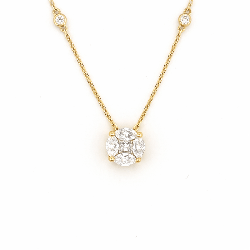 14K Gold Round Shape Cluster Diamond Pendant Necklace