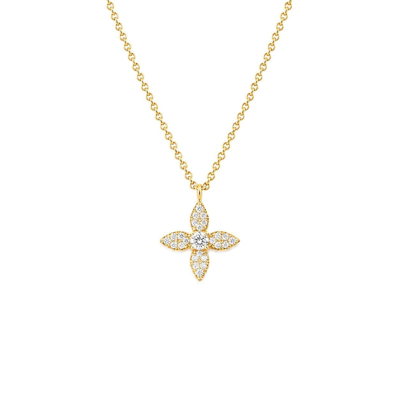 14K Gold Four Petal Flower Cluster Diamond Pendant Necklace