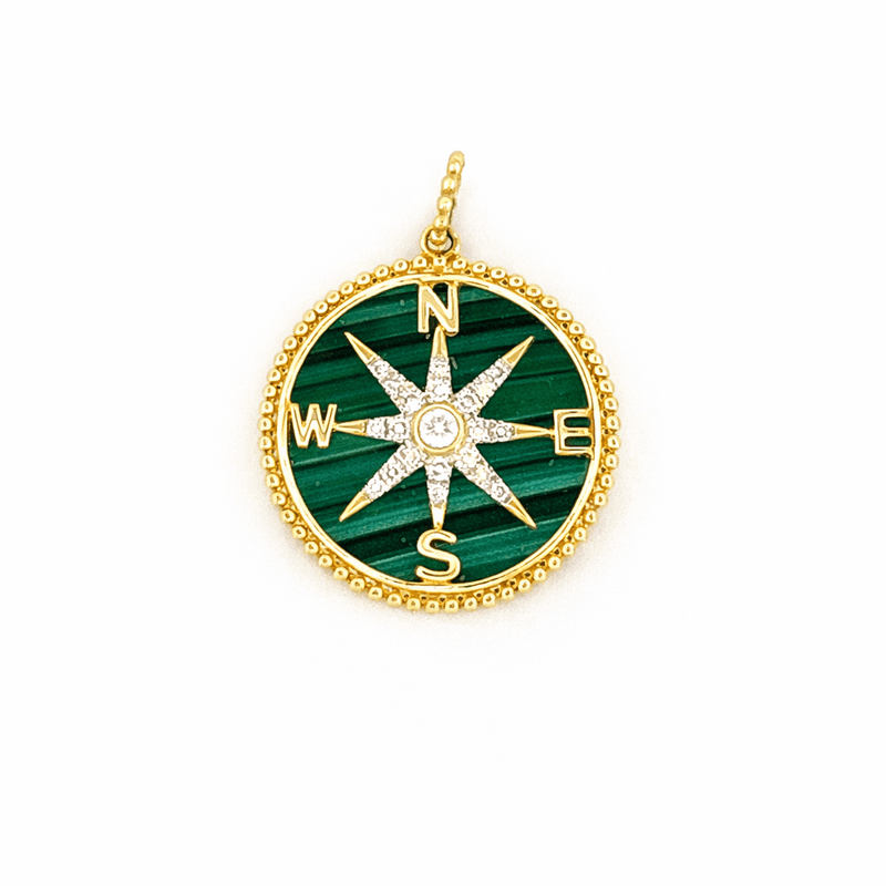 14K Gold Diamond Malachite Compass Pendant