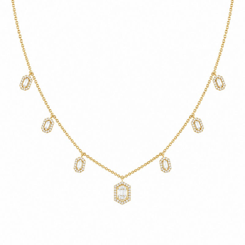 14K Gold Hexagon Cluster Diamond Necklace