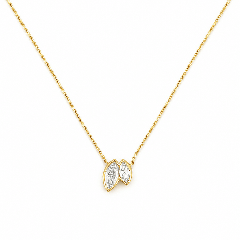 14K Gold Lab Grown Duo Marquise Bezel Pendant Bolo Necklace