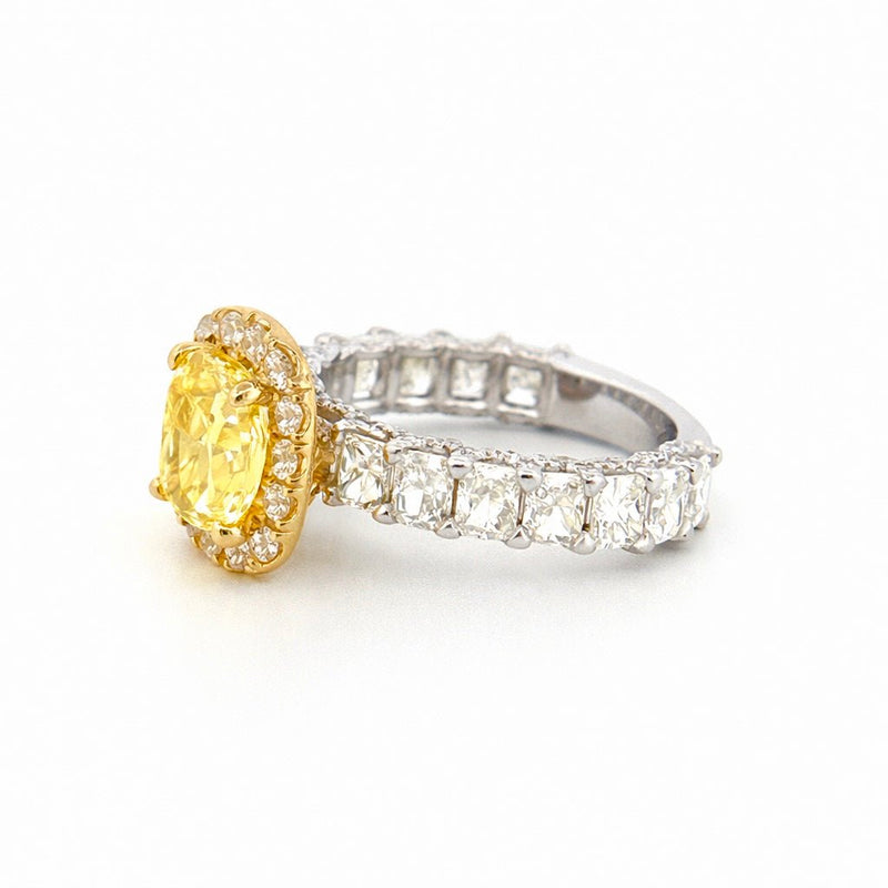 14K Two-Tone Gold Natural 1.50 Carat Cushion Yellow Diamond Radiant Diamond U Prong Engagement Ring