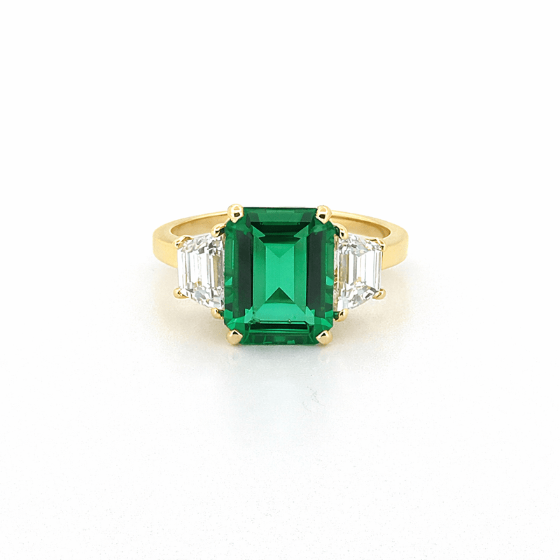 14K Gold Lab Grown Emerald Three Stone Engagement Ring