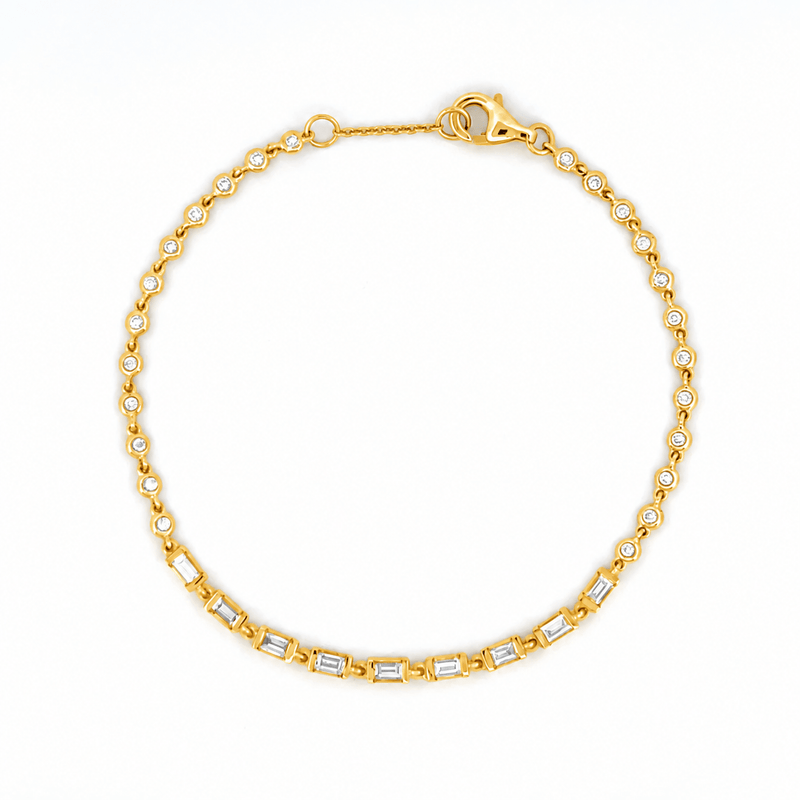14K Gold Round and Baguette Link Diamond Bracelet