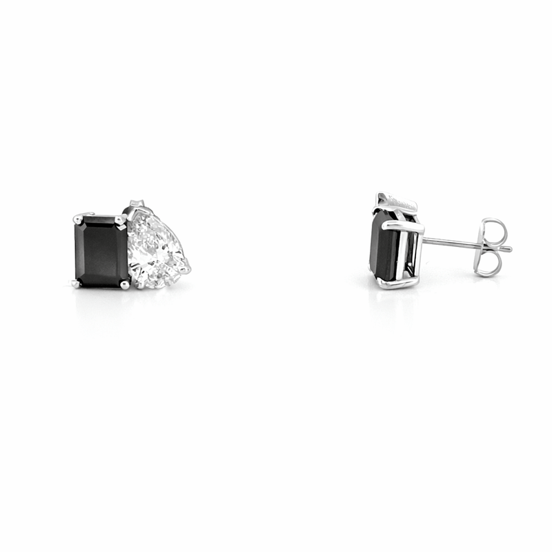 14K Gold Lab Grown Diamond Pear and Black Diamond Emerald Stud Earrings