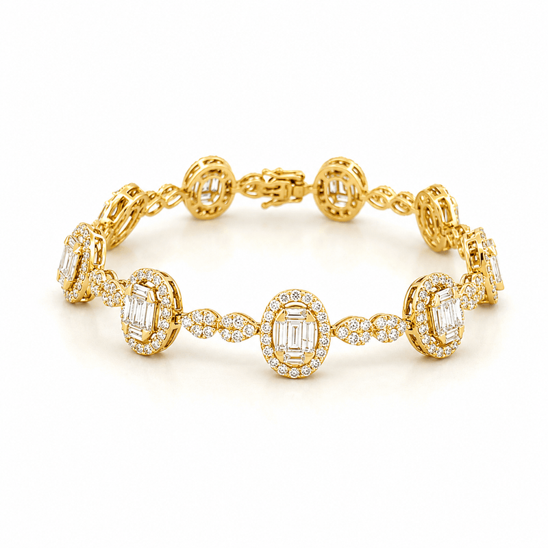 14K Gold Oval Baguette Cluster Natural Diamond Bracelet