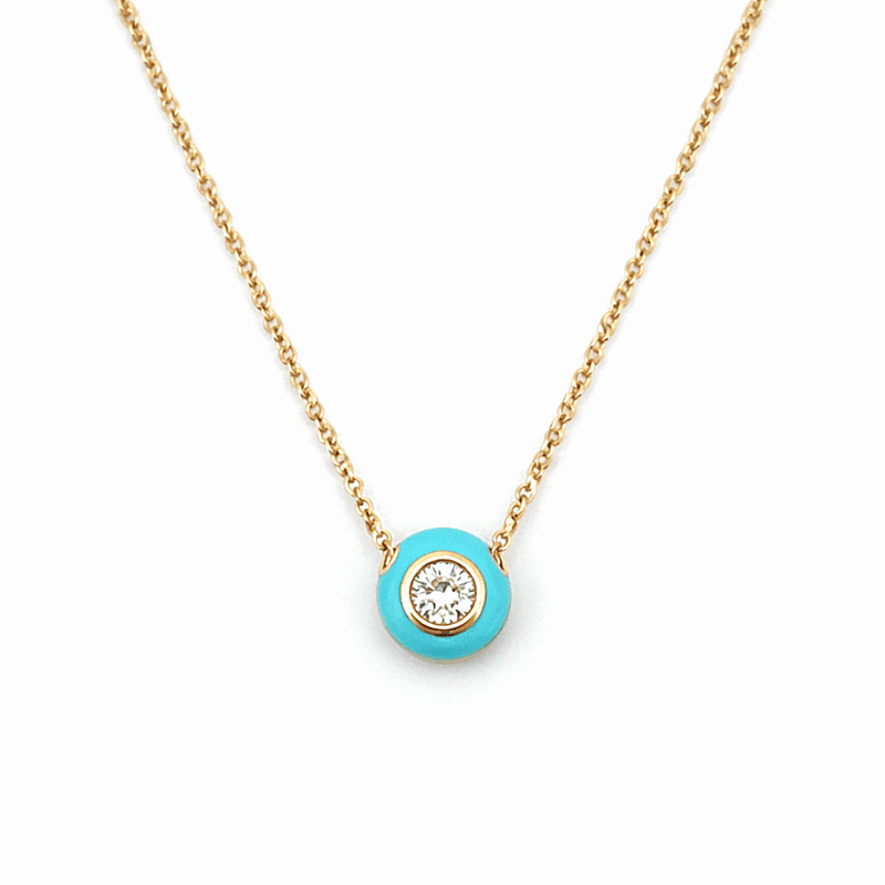 14K Gold Turquoise Enamel Round Dome Pendant Necklace
