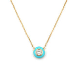 14K Gold Turquoise Enamel Round Dome Pendant Necklace