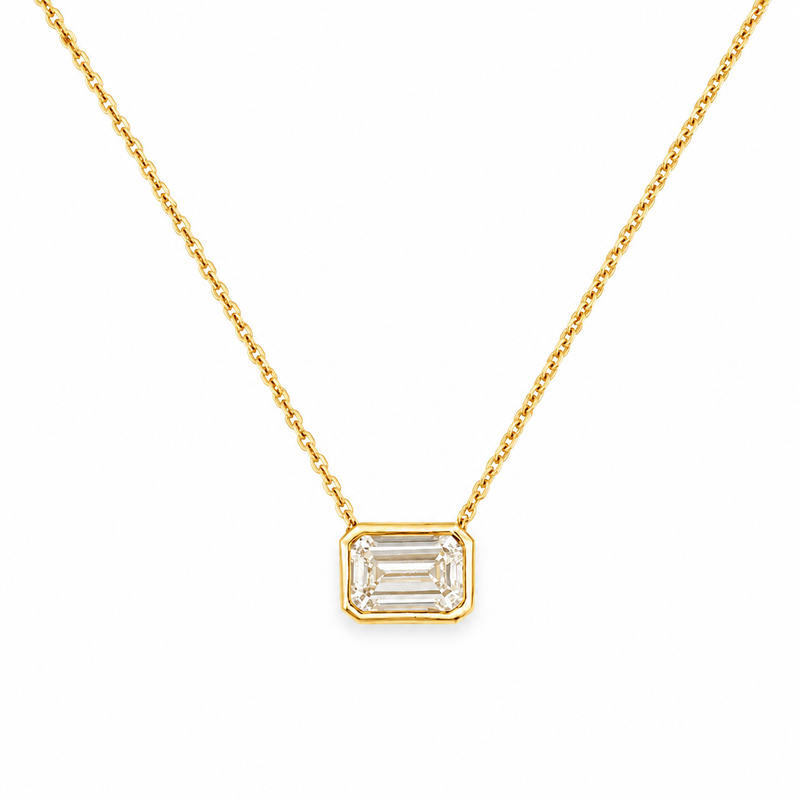 14K Gold East West Lab Grown Emerald Diamond Bezel Pendant Necklace
