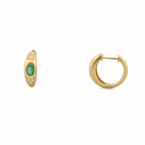 14K Gold Oval Cut Emerald Inset Rounded Diamond Huggie Earrings
