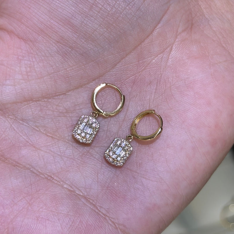 14K Gold Dangle Baguette and Round Diamond Earrings
