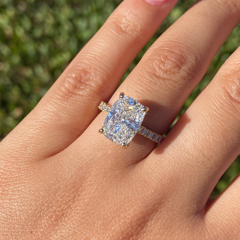 14K Gold 4.00 Carat Lab Grown Elongated Cushion Diamond Under Halo Engagement Ring