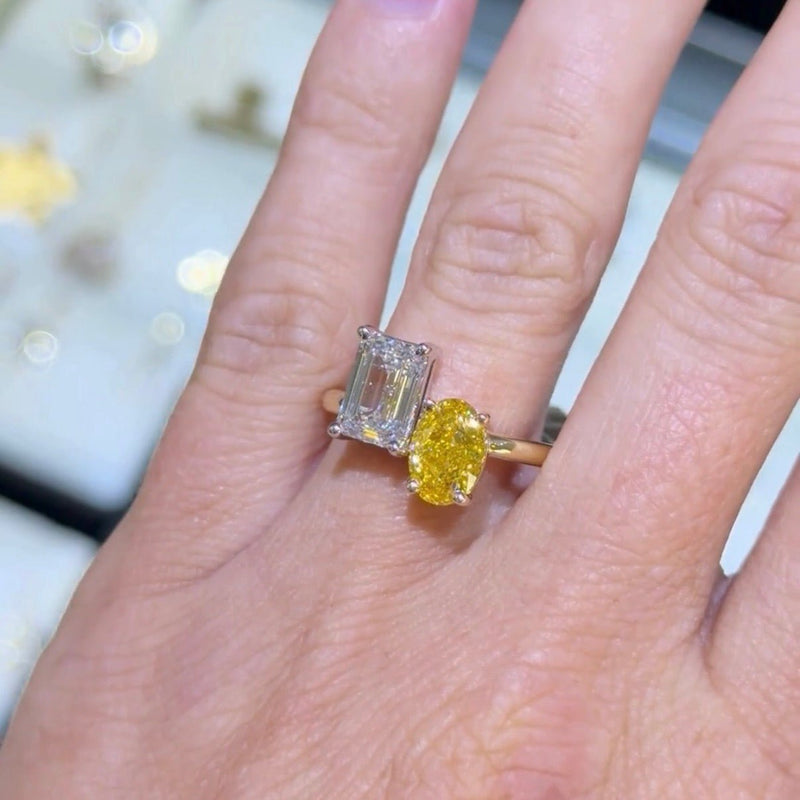 14K Gold 3.00 Carat Lab Grown Oval Yellow Diamond and Radiant Engagement Ring