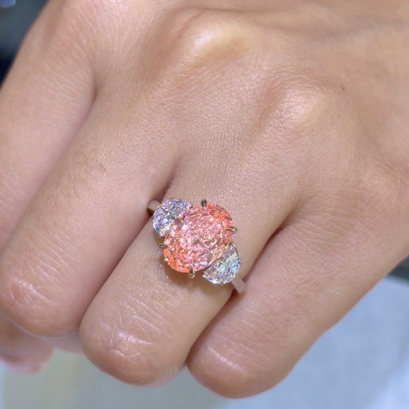 14K Gold Lab Grown Oval Pink Diamond Three Stone Solitaire Engagement Ring