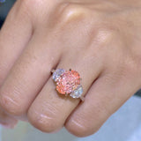 14K Gold Lab Grown Oval Pink Diamond Three Stone Solitaire Engagement Ring