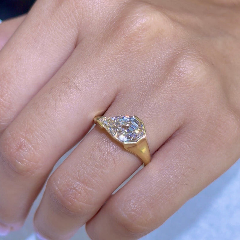 14K Gold Lab Grown 3.00 Carat Step Cut Pear Diamond Half Bezel Engagement Ring