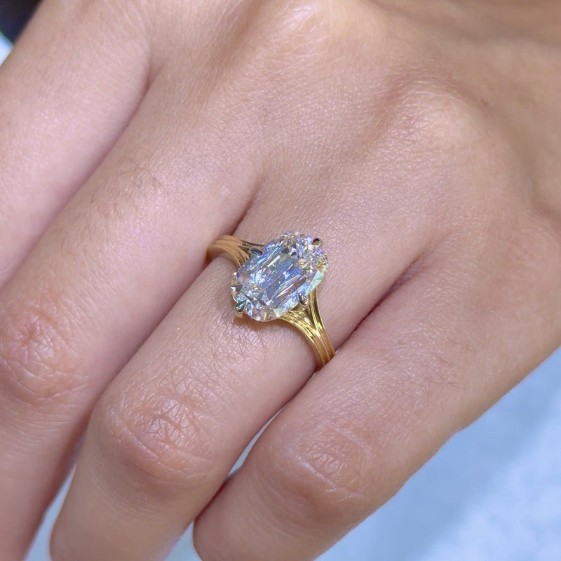 14K Gold Lab Grown Old Miner Cut Diamond Ribbed Solitaire Engagement Ring