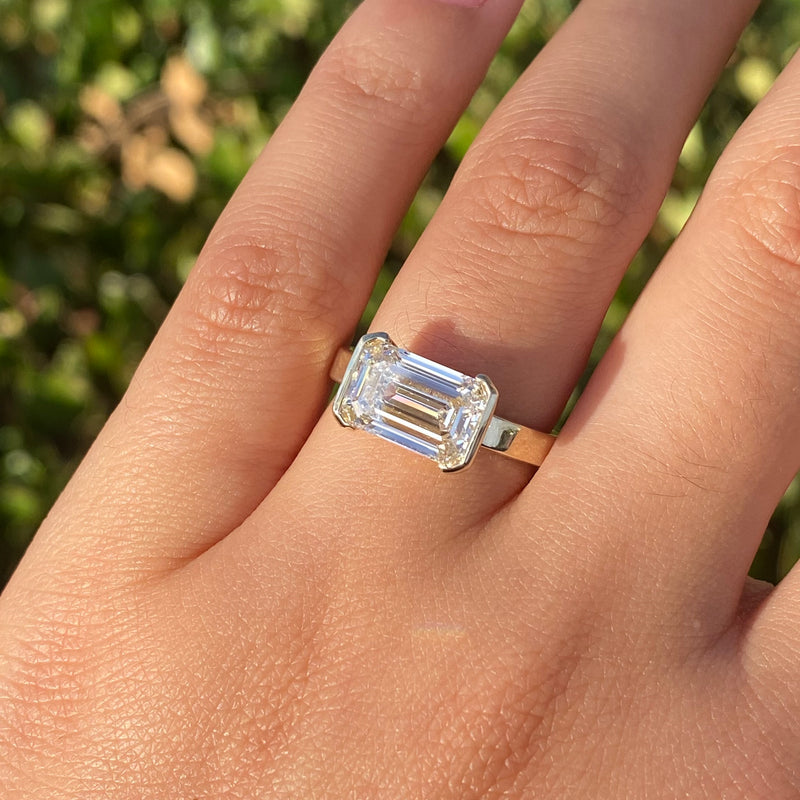 14K Gold East West 3.00 Carat Lab Grown Emerald Diamond Engagement Ring