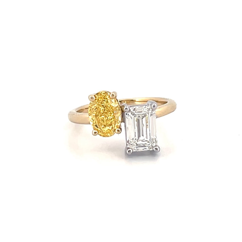 14K Gold 3.00 Carat Lab Grown Oval Yellow Diamond and Radiant Engagement Ring