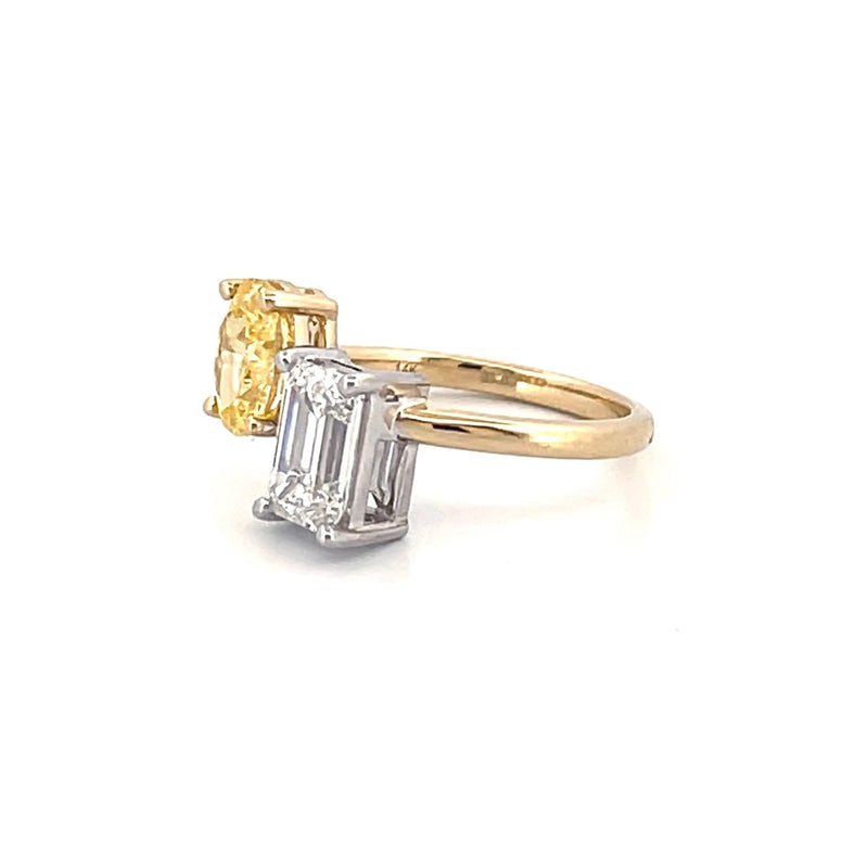 14K Gold 3.00 Carat Lab Grown Oval Yellow Diamond and Radiant Engagement Ring