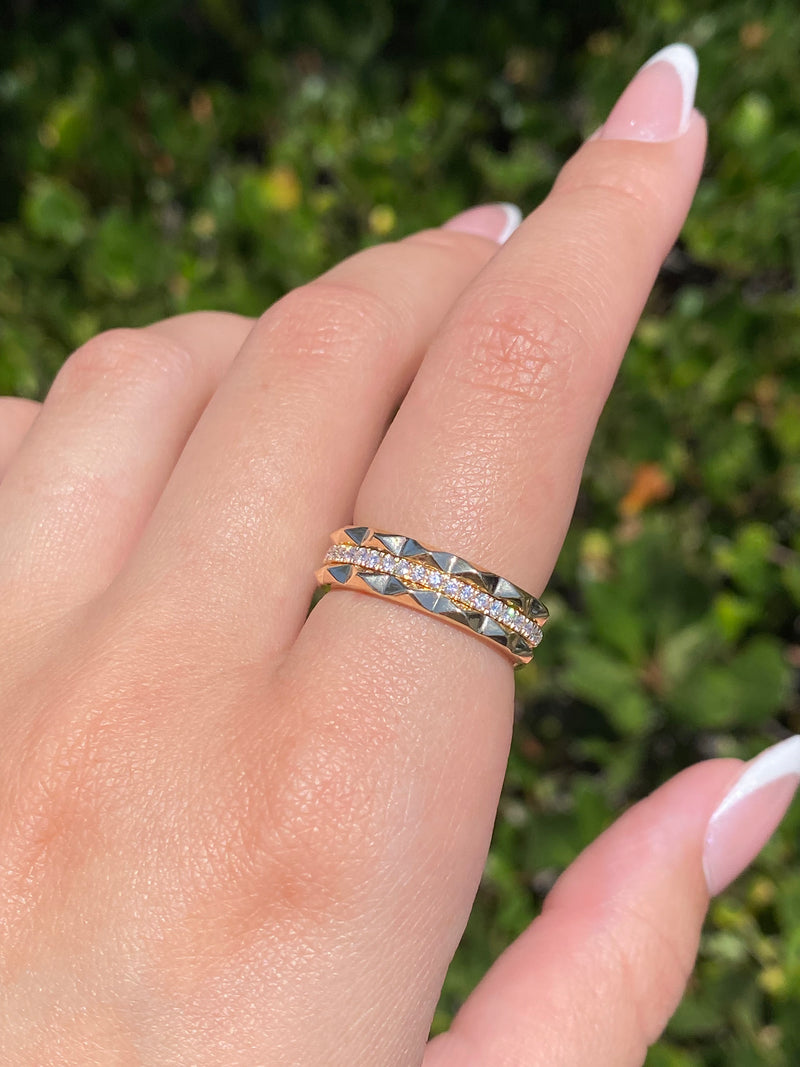 14K Gold Studded Three Row Diamond Band