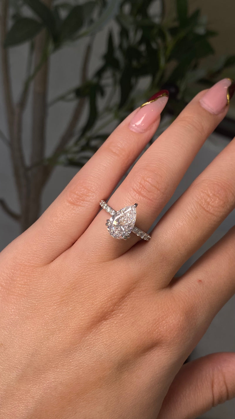 14K Gold 2.50 Carat Lab Grown Pear Diamond Under Halo Engagement Ring