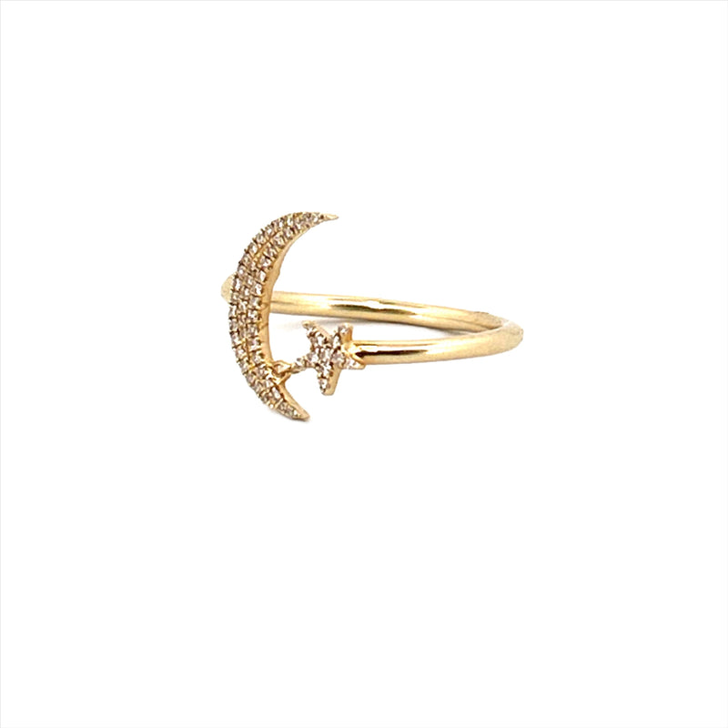 14K Gold Moon and Star Diamond Ring