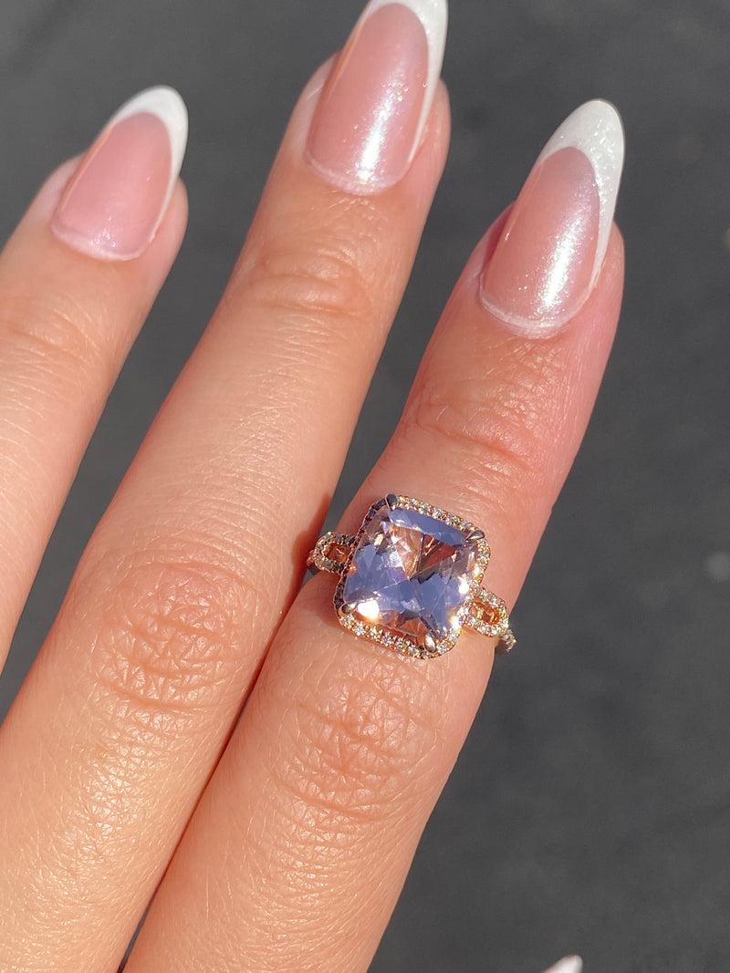 14K Gold 2.80 Carat Cushion Morganite Halo and U Shank Engagement Ring