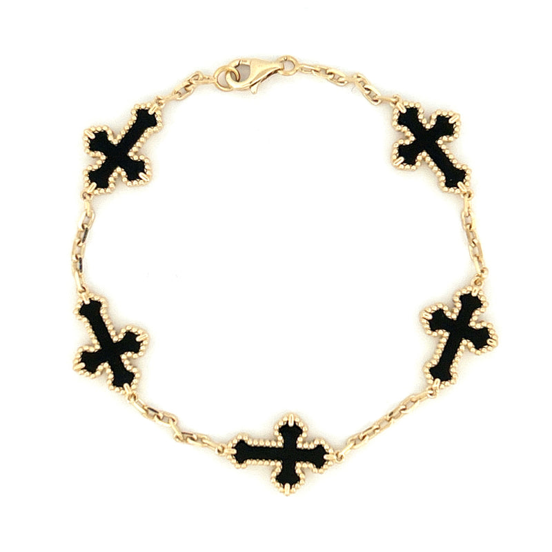 14K Gold Black Onyx Cross Spaced Bracelet