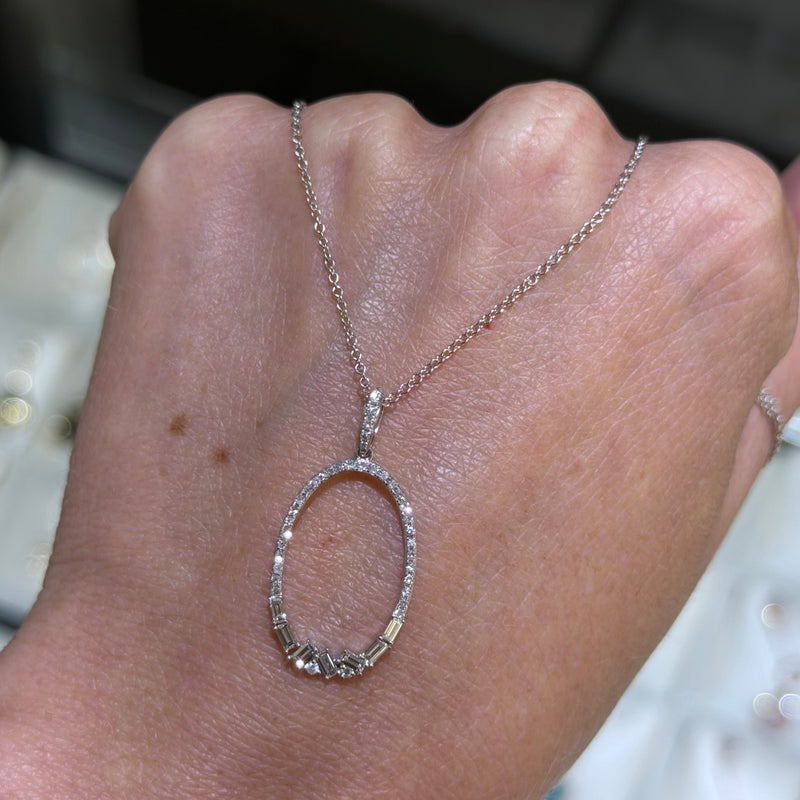 14K Gold Open Oval Shape Cluster Diamond Pendant Necklace