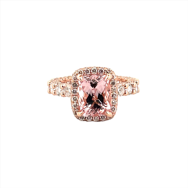 The Julia Engagement Ring 14K Rose Gold 2D Halo w/ Under Halo and Diamond U Prong Radiant Pink Morganite Engagement Set