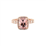 The Julia Engagement Ring 14K Rose Gold 2D Halo w/ Under Halo and Diamond U Prong Radiant Pink Morganite Engagement Set