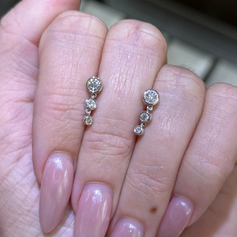 14K Gold Three Round Dangle Diamond Earrings