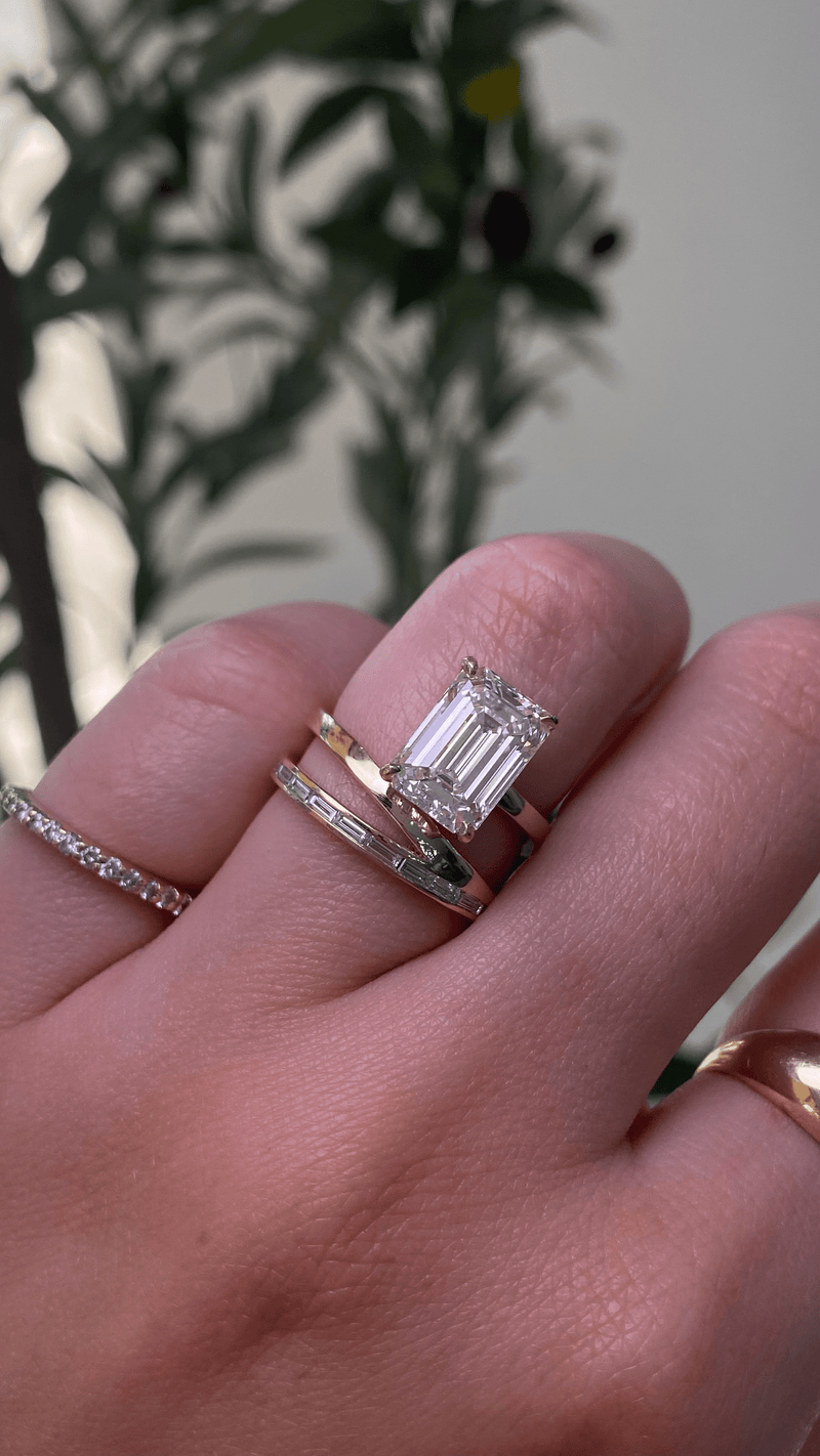 14K Gold 3.00 Carat Lab Grown Emerald Diamond Wrapped Baguette Engagement Ring