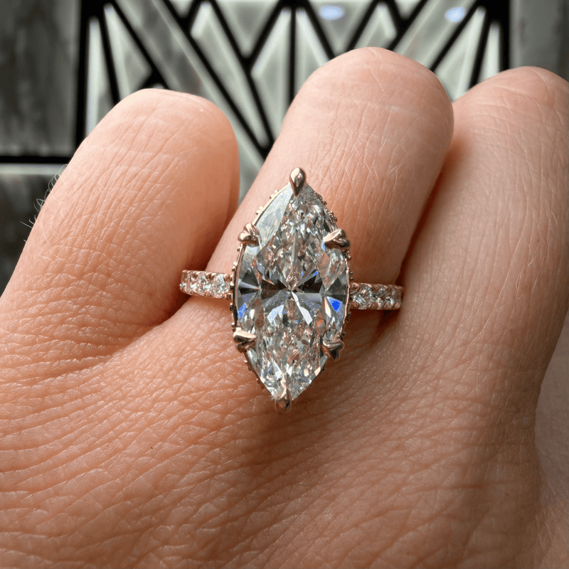 14K Gold 3.00 Carat Lab Grown Marquise Diamond 6-Prong Under Halo Engagement Ring