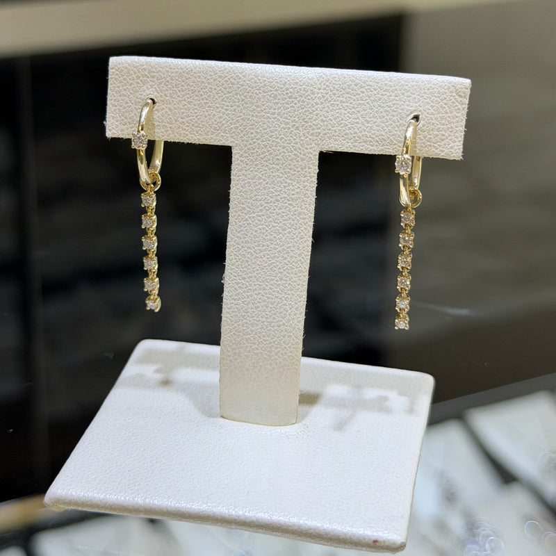 14K Gold Dangle Diamond Tennis Huggie Earrings
