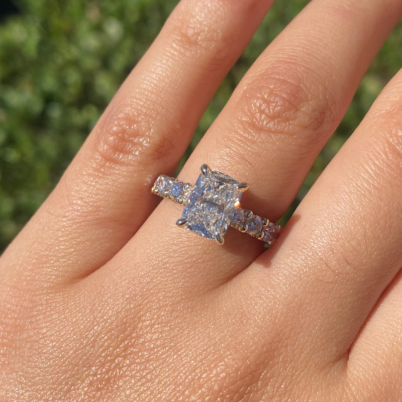 14K Gold 2.00 Carat Lab Grown Elongated Cushion Diamond Double Under Halo U Prong Engagement Ring