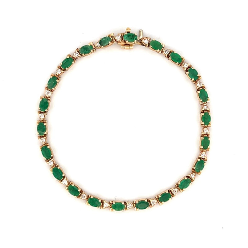14K Gold Oval Cut Emerald and Round Diamond Bracelet