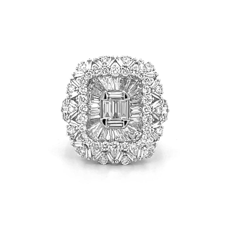 14K Gold Baguette and Round Diamond Cluster Engagement Ring