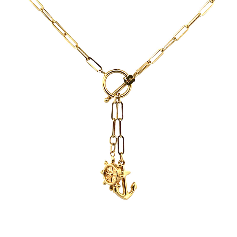 14K Gold Paper Clip Anchor and Helm Charm Necklace