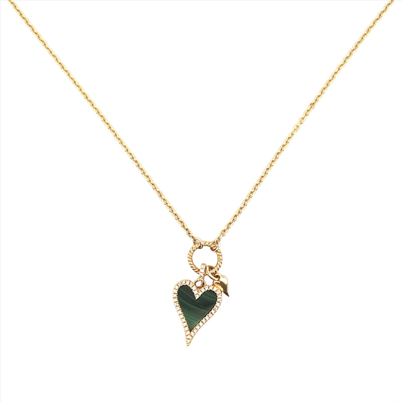 14K Gold Heart Malachite and Mini Heart Diamond Pendant Necklace