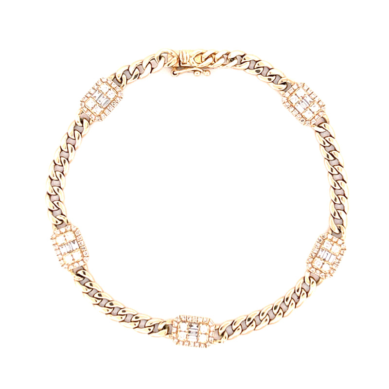 14K Gold Emerald Shape Cluster Cuban Link Diamond Bracelet