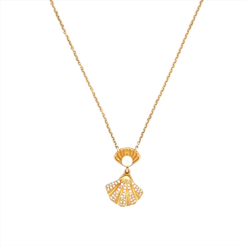 14K Gold Pearl in Clam Diamond Necklace