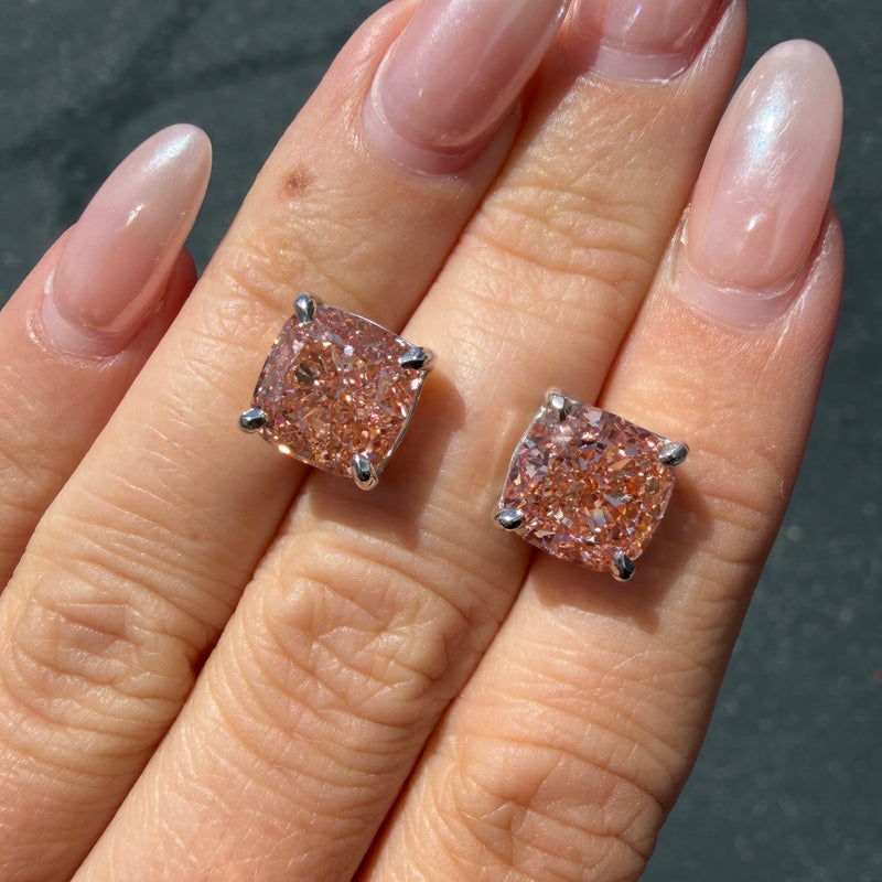 14K Gold Lab Grown Pink Diamond Cushion Stud Earrings