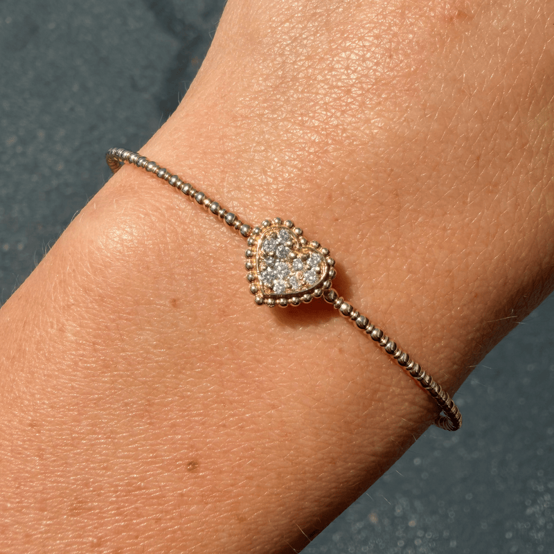 14K Gold Beaded Diamond Heart Cluster Bangle