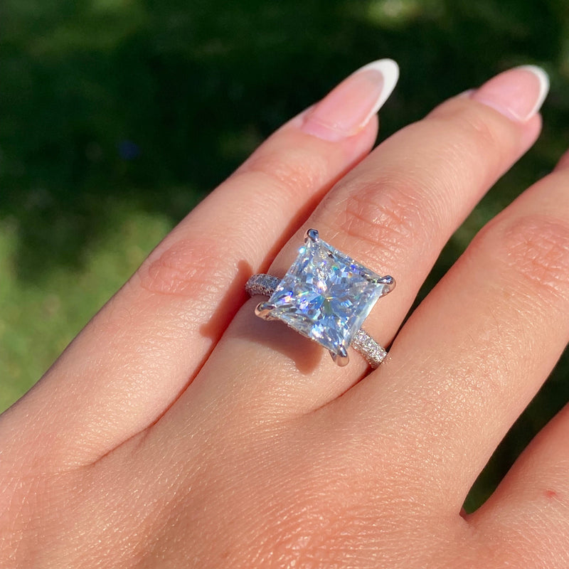 14K Gold Diamond Double Under Halo Ring w/ 4.00 Carat Princess Cut Forever Brilliant Moissanite Engagement Ring