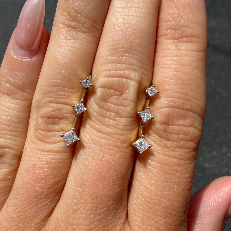 14K Gold Hanging Tri Princess Diamond Stud Earrings