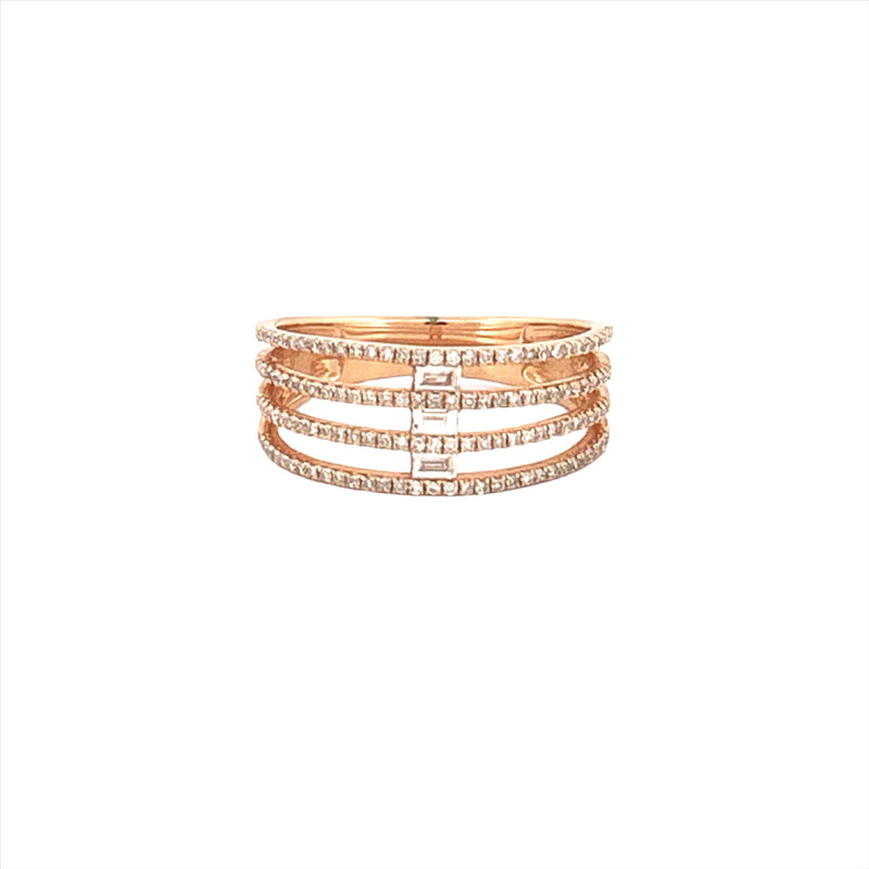14K Gold Four Row Prong and Baguette Cut Diamond Band