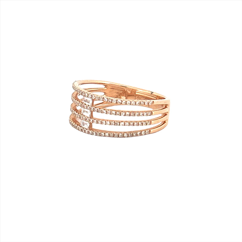 14K Gold Four Row Prong and Baguette Cut Diamond Band