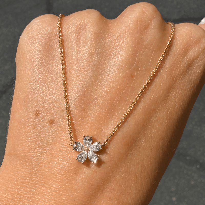 14K Gold Pear Diamond Flower Pendant Necklace